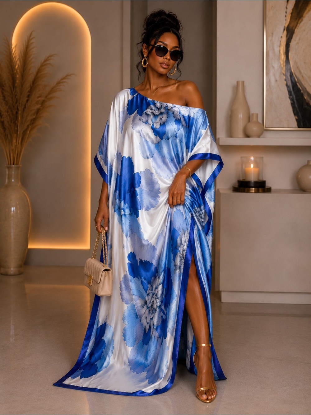 Satin Kaftan Maxi Dress & Matching Head Scarf | Blue Floral Resort Caftan - Picture 4 of 4